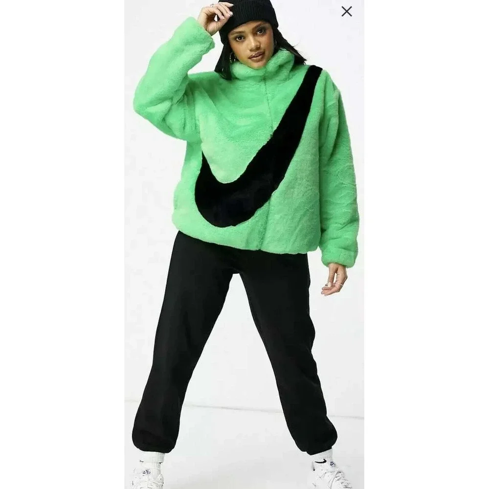Nike Faux Fur Oversized Swoosh Jacket Womens S Green Black Full Zip Plush Fleece